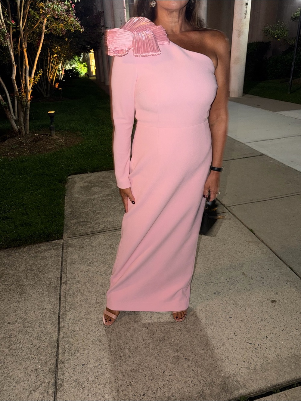 Rebecca Vallance Blush Pink One-Shoulder Evening Gown with Bow Accent